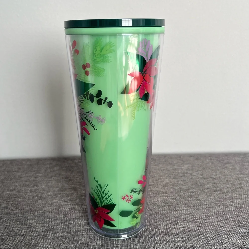 Starbucks Green Red Poinsettia Cold Tumbler 2021 Color Changing Holiday NO STRAW